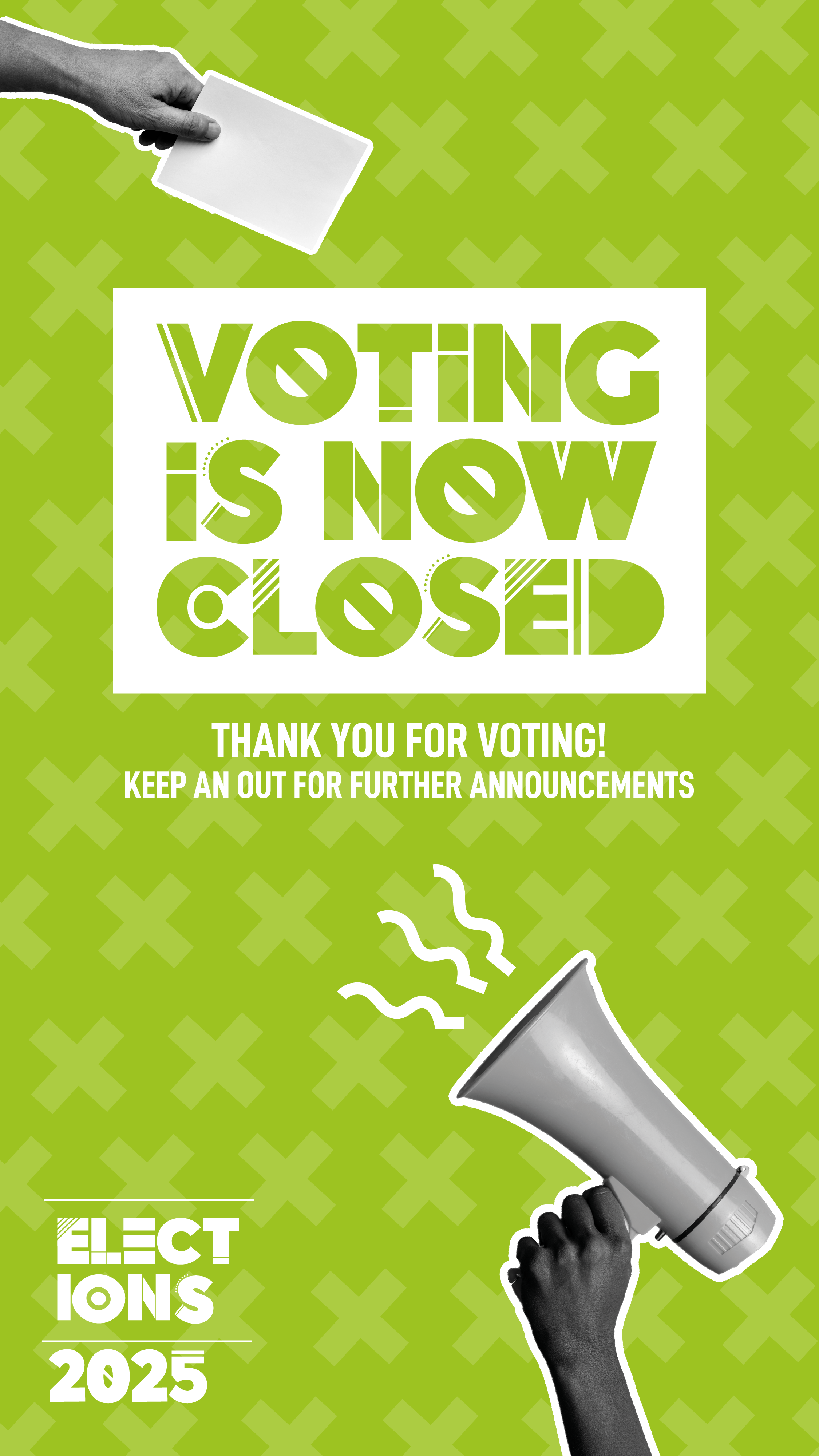 green banner saying voting closed with megaphone graphics