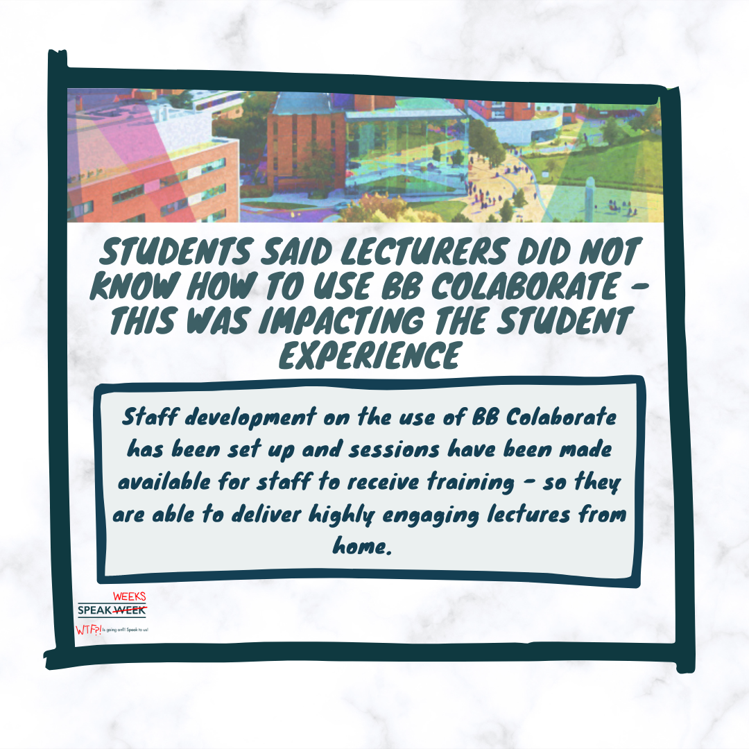 Students said lecturers did not know how to use BB colaborate - this was impacting the student experience: Staff development on the use of BB collaborate has been set up and sessions have been made available for staff to recieve training - so they are able to deliver highly engaging lectures from home.