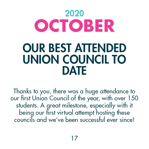 2020 October - Our best attended Union Council to date - Thanks to you, there was a huge attendance to our first Union Council of the year, with over 150 students. A great milestone, especially with it being our first virtual attempt hosting these councils and we’ve been successful ever since!