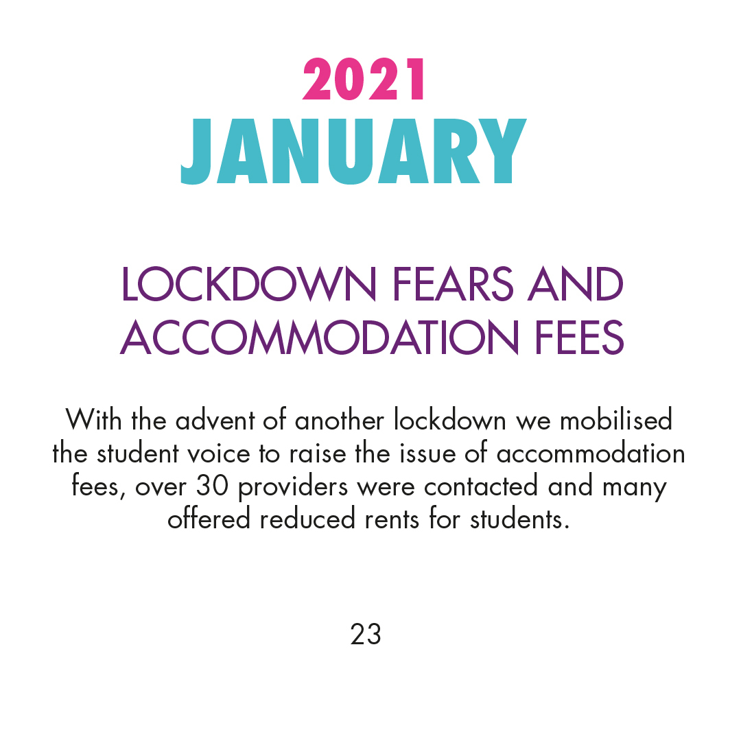2021 January - Lockdown Fears and Accommodation Fees - With the advent of another lockdown, we mobilised the student voice to raise the issue of accommodation fees, oveer 30 providers were contacted and many offered reduced rent for students