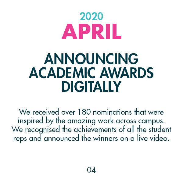 2020 April - Announcing Academic Awards Digitally - We received over 180 nominations that were inspired by the amazing work across campus. We recognised the achievements of all the student reps and announced the winners on a live video.
