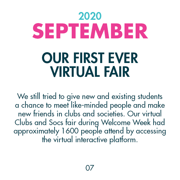 2020 September - Our First Ever Virtual Fair - We still tried to give new and existing students a chance to meet like-minded people and make new friends in clubs and societies. Our virtual Clubs and Socs fair during Welcome Week had approximately 1600 people attend by accessing the virtual interactive platform.