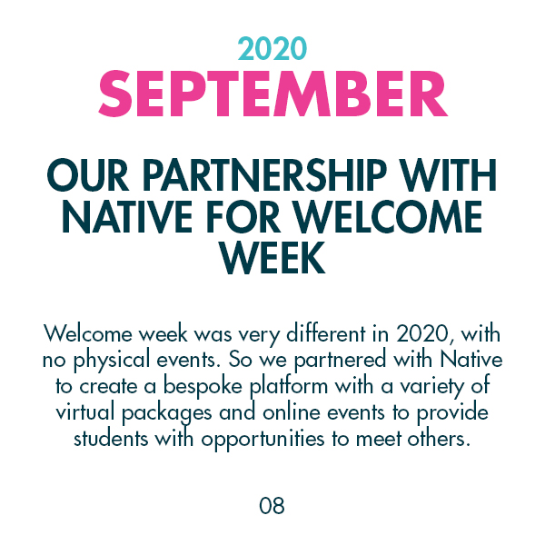 2020 September - Our Partnership With Native for Welcome Week - Welcome week was very different in 2020, with no physical events. So we partnered with Native to create a bespoke platform with a variety of virtual packages and online events to provide students with opportunities to meet others.